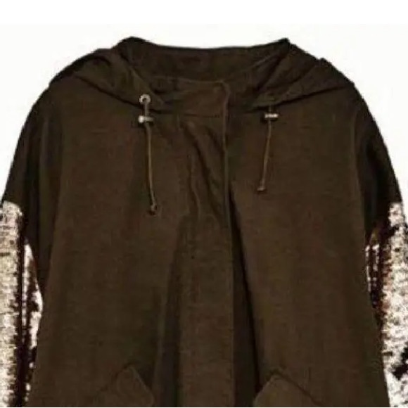 Zara Changing Sequin Sleeve Parka Olive Green Utility Jacket Shiny Sparkly - Picture 9 of 16